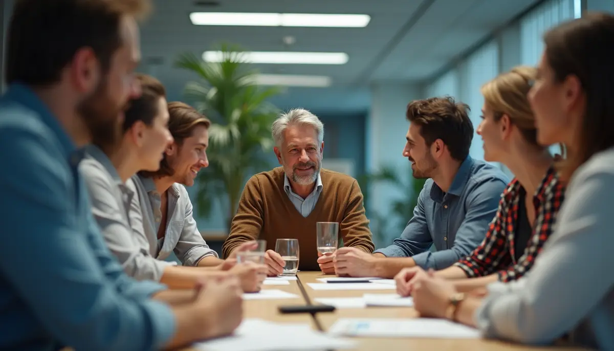 A team seated around a meeting table, smiling and listening to an older colleague.