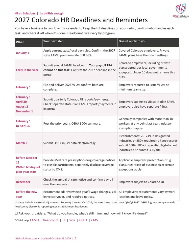 First page of the 2027 Colorado HR Deadlines and Reminders calendar by HRish Solutions