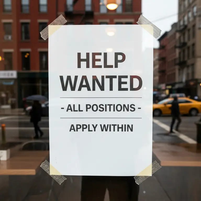 A "Help Wanted, all positions, apply within" sign taped inside a shop window on a busy city street.