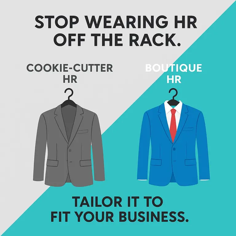 Graphic: a plain gray "cookie-cutter HR" jacket next to a tailored blue "boutique HR" suit. Tailor it to fit your business.