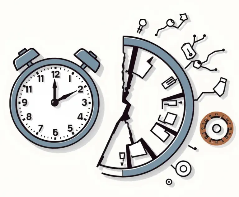 Illustration of an alarm clock beside a cracked clock face with papers and parts spilling out of it.