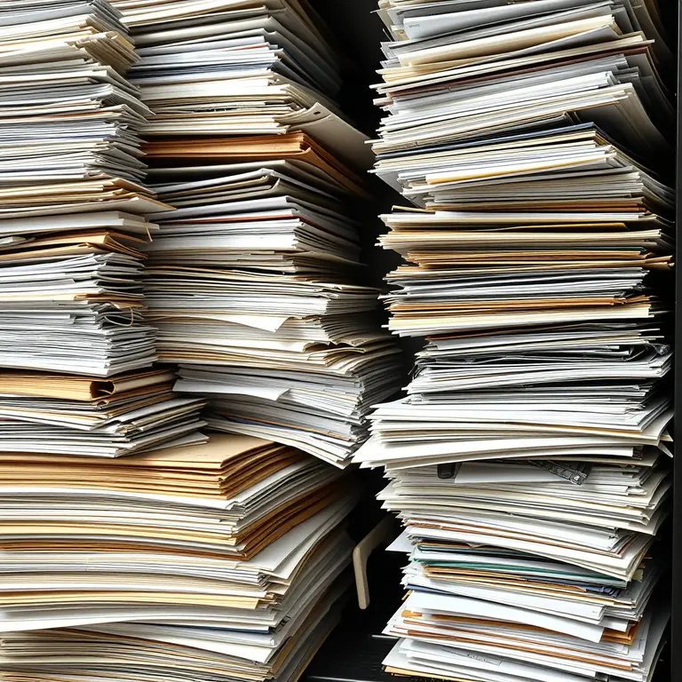 Tall, overflowing stacks of paper files and folders.