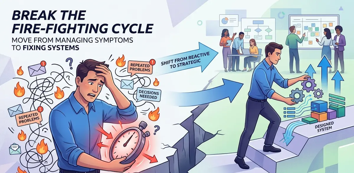 Illustration: a stressed manager surrounded by fires and repeated problems steps up to a team working on a designed system.