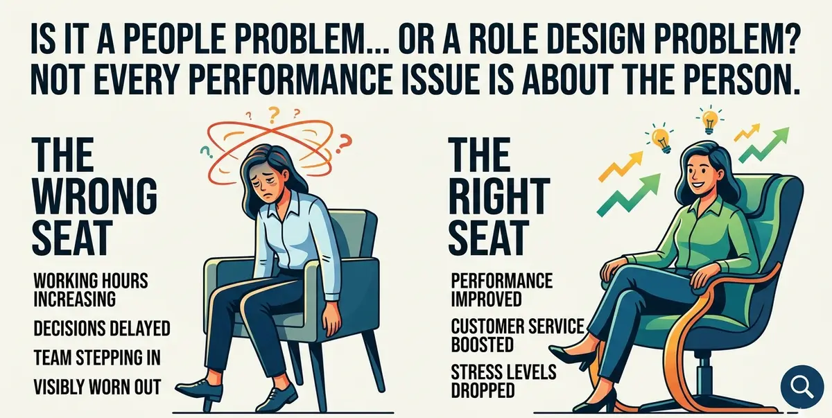 "People problem or role design problem?" A worn-out employee in the wrong seat; the same person thriving in the right one.