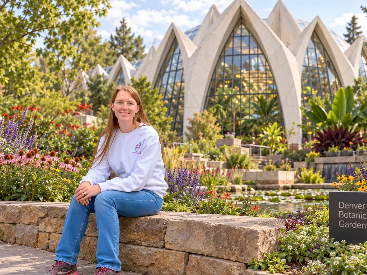 Allisha McCartney sitting on a stone wall in front of the conservatory at Denver Botanic Gardens
