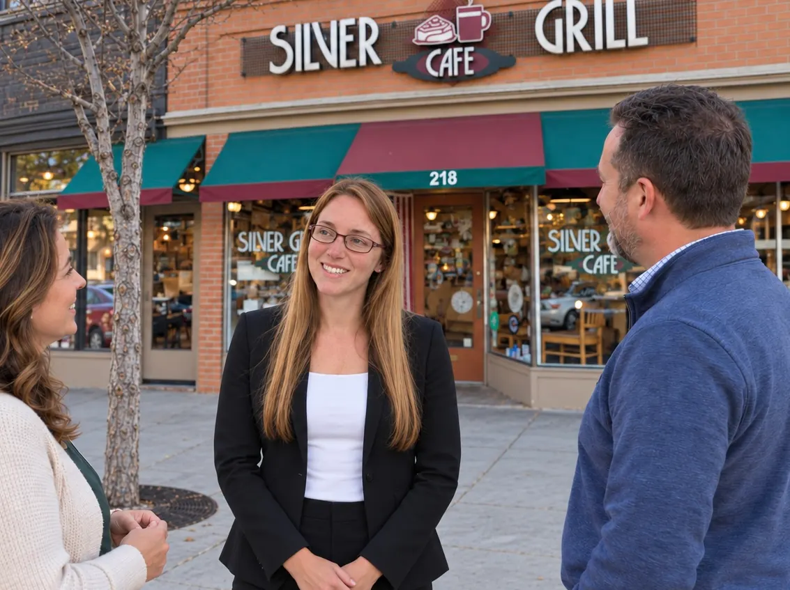 Allisha McCartney talking with two people outside the Silver Grill Cafe in Fort Collins