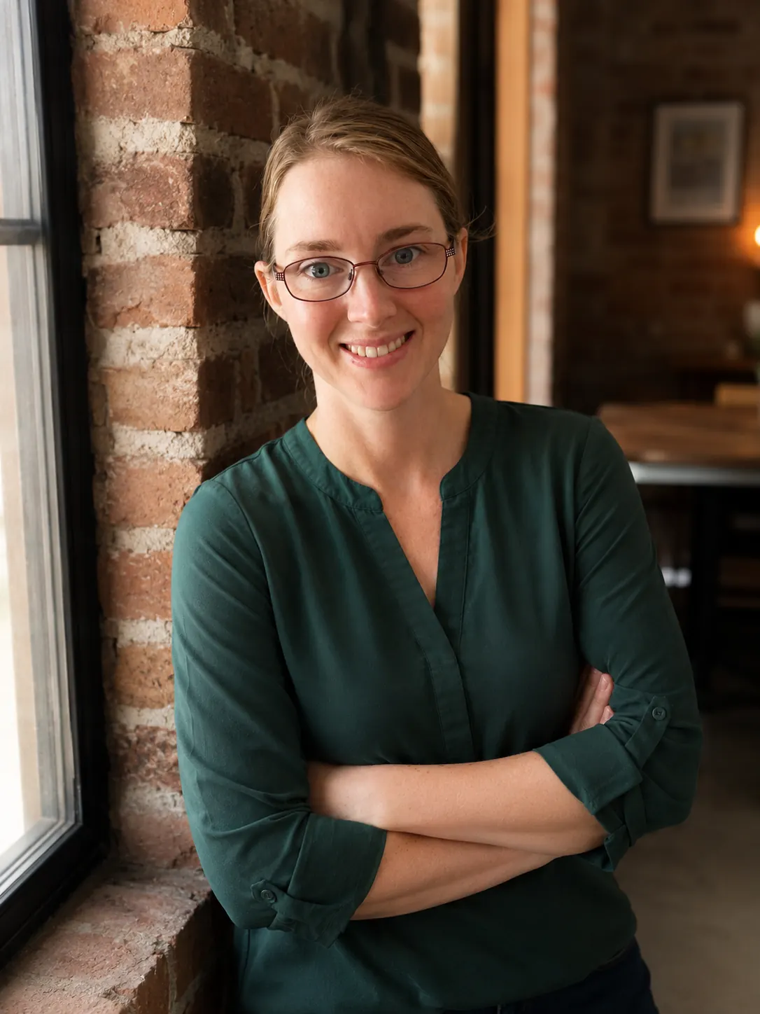 Allisha McCartney in a green blouse, arms crossed, beside a brick wall