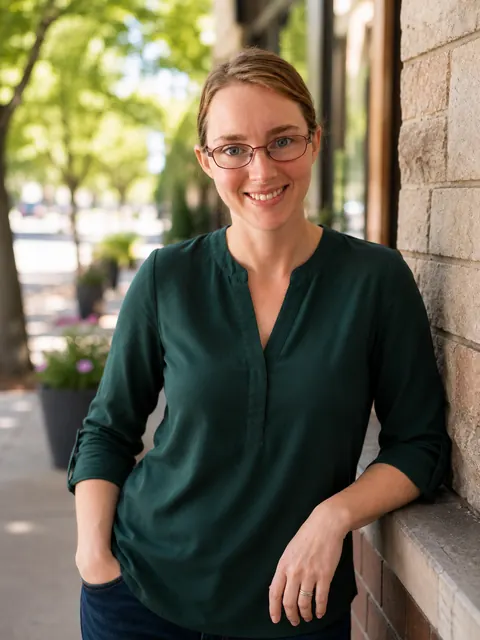 Allisha McCartney in a green blouse, leaning against a stone wall outside