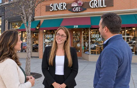 Allisha McCartney talking with two people outside the Silver Grill Cafe in Fort Collins