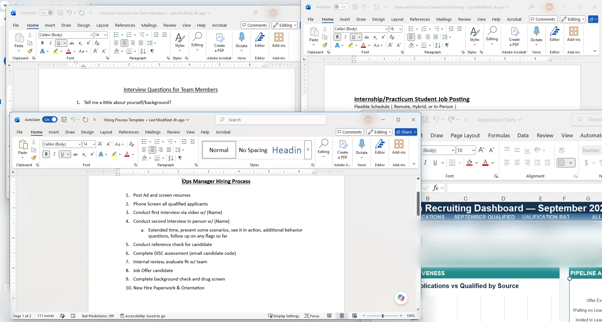 Hiring documents on screen: interview questions, an internship job posting, a 10-step hiring process and a recruiting dashboard, with figures blurred