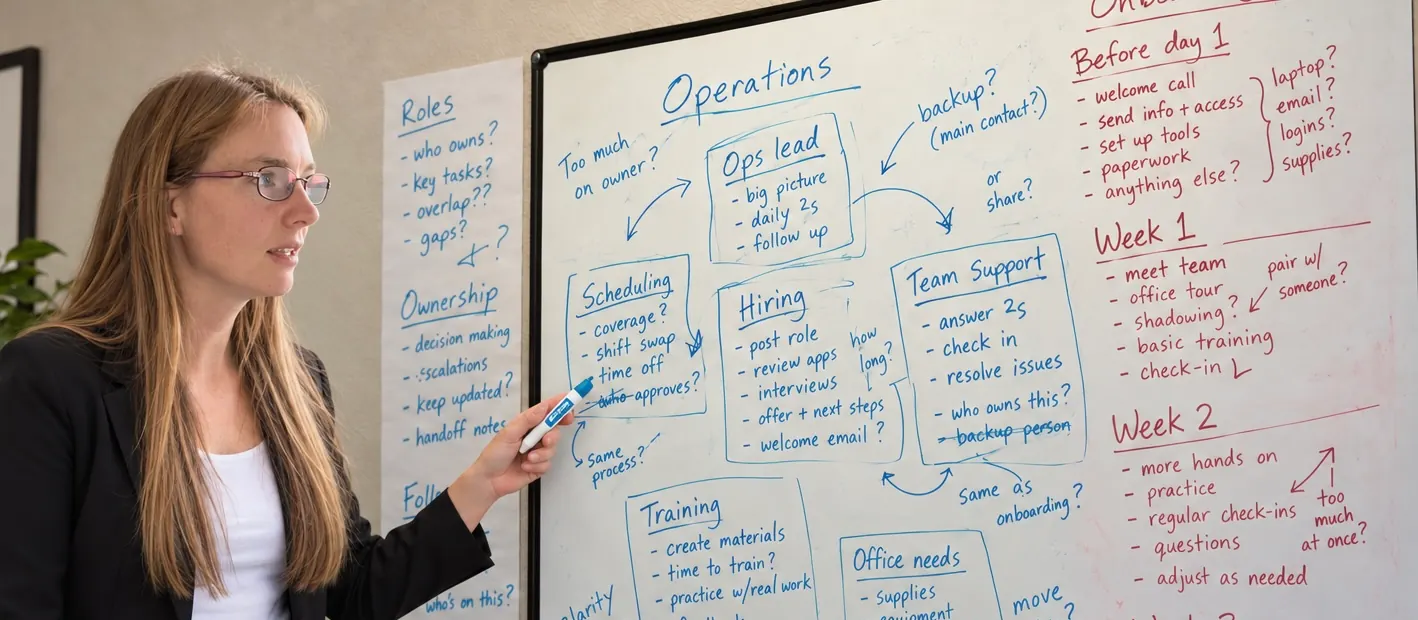 Allisha McCartney pointing to an operations chart and an onboarding plan on a whiteboard
