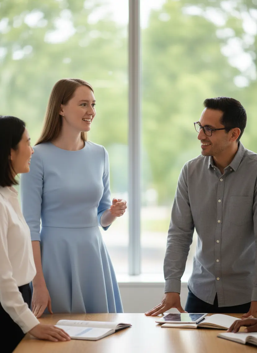 Allisha McCartney talking with two colleagues at a meeting table